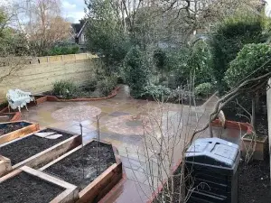 Indian Sandstone Patio in Circles and Railway Sleepers